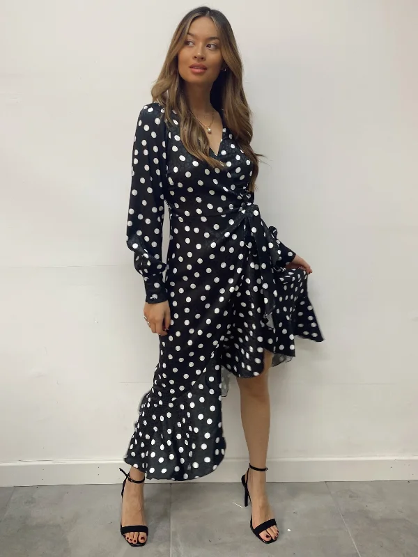 Charlotte Wrap Midi Dress / Mono Spot Stylish Midi Dress with Cuffs