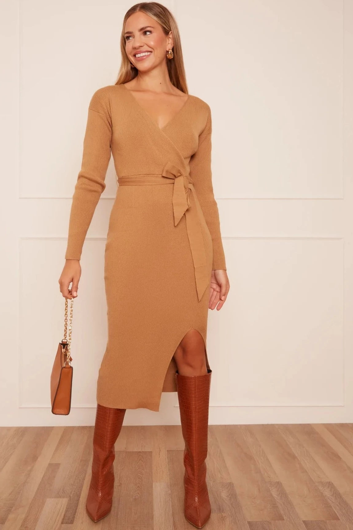 Chi Chi Wrap Split Side Knitted Midi Dress in Camel Stylish Cold Shoulder Midi Dress