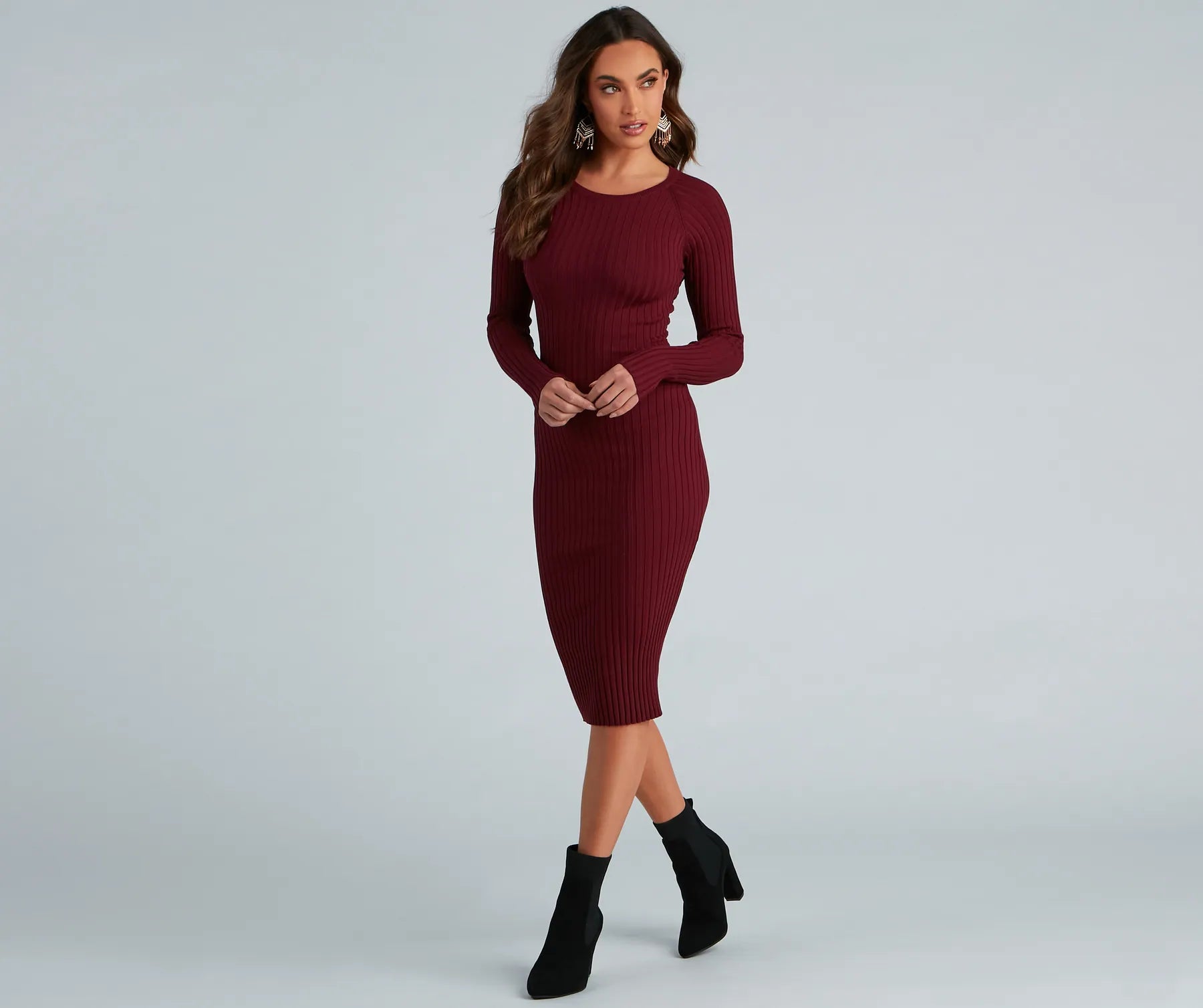 Chic Twist Long Sleeve Midi Dress Comfortable Button Front Midi Dress