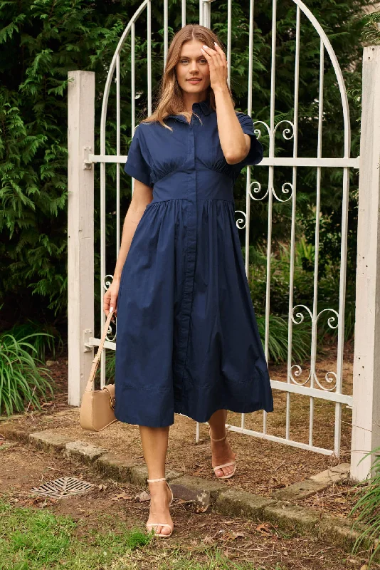 Cielo Midi Dress In Navy Cotton Elegant Faux Wrap Midi Dress