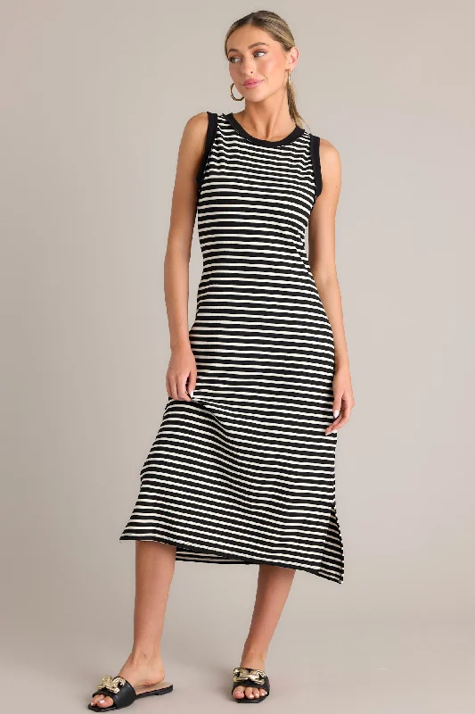 Classic Contrast Black Stripe Midi Dress Cozy Wide Strap Midi Dress