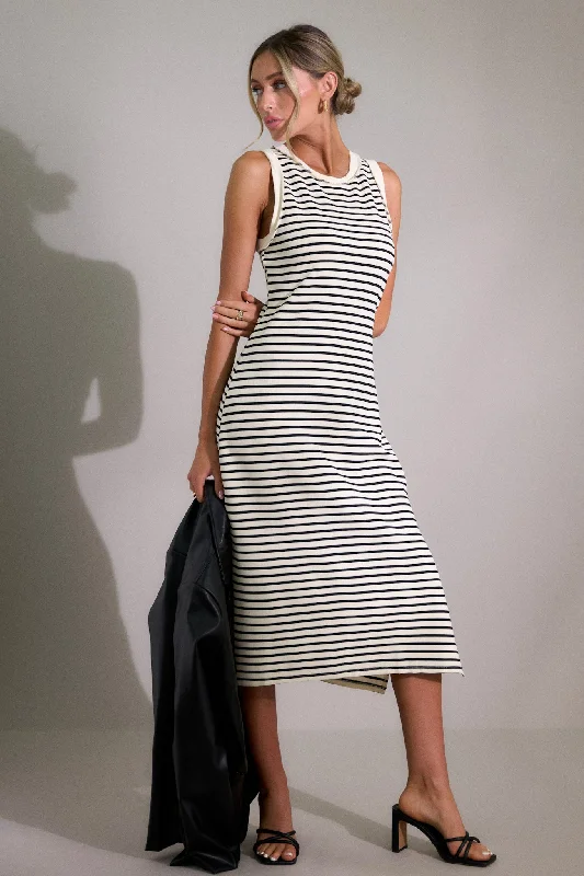 Classic Contrast Ivory Stripe Midi Dress Trendy Ruched Side Midi Dress