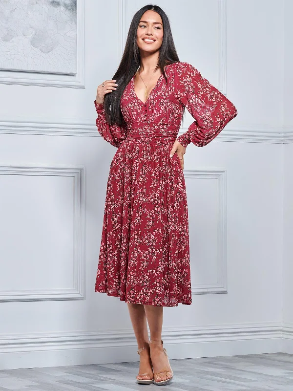 Jolie Moi Gianna Long Sleeve Mesh Midi Dress, Wine Floral Trendy Midi Dress with Belt