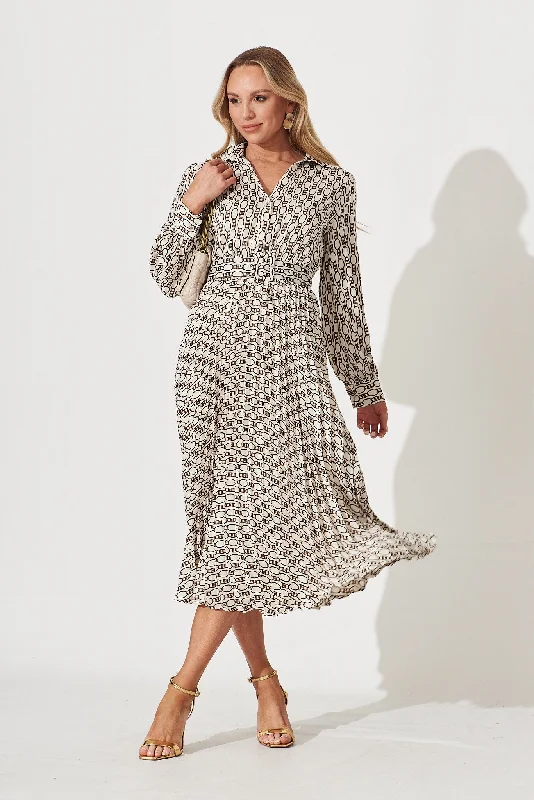 Cyrus Midi Dress In Cream Chain Print Satin Fashionable Casual Midi Dress