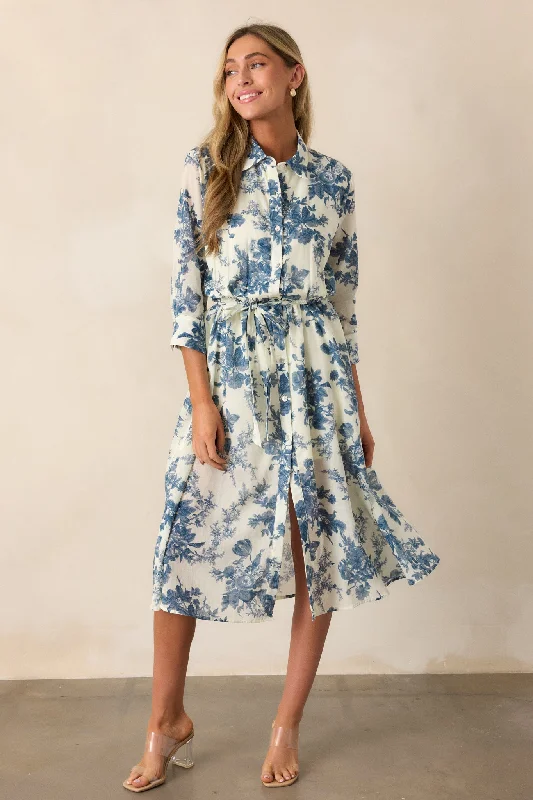 Dancing Dewdrops 100% Cotton Blue Floral Midi Dress Comfortable Ribbed Midi Dress