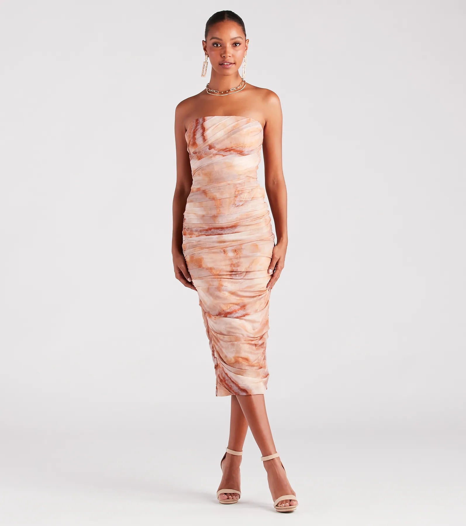 Day Dreamer Strapless Abstract Midi Dress Trendy Midi Dress with Belt