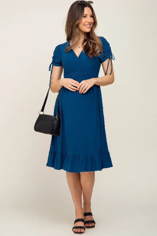 Deep Teal Cinched Sleeve Maternity Midi Dress Stylish Striped Midi Dress