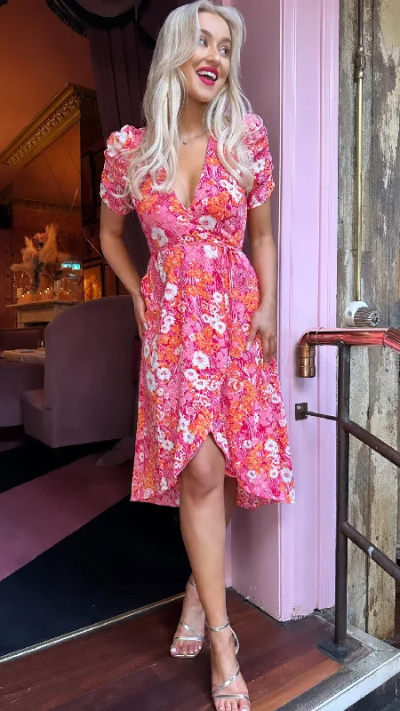 Drew Pink & Orange Floral Wrap Neck Puff Sleeve Midi Dress Stylish Cold Shoulder Midi Dress