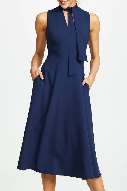 Elegant Tie Neck Sleeveless Fit & Flare Skater Midi Dress - Navy Blue Stylish Off-Shoulder Ruffle Dress