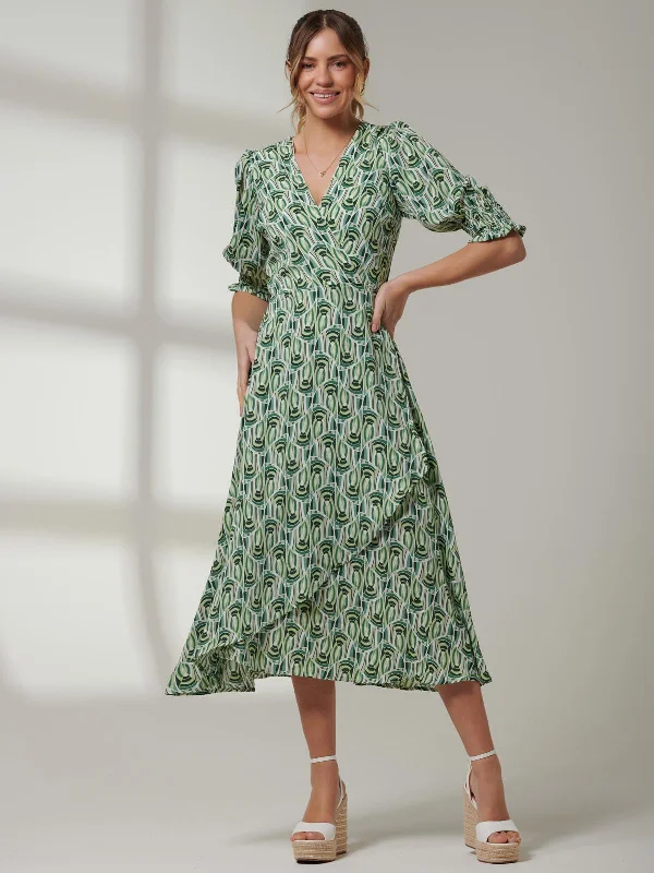 Ellie Crepe Wrap Puff Sleeve Midi Dress, Green Geo Elegant Faux Wrap Midi Dress