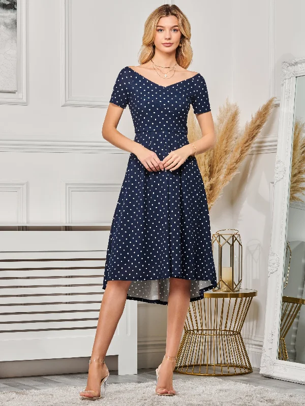 Fit & Flare Pleated Ponte Midi Dress, Navy Spot Comfortable Floral Print Midi Dress