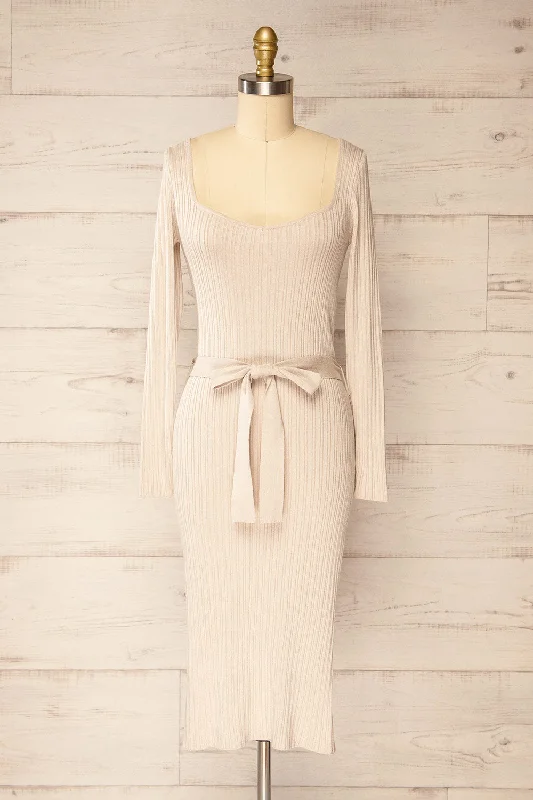 Flamborough | Ribbed Beige Midi Dress w/ Belt Elegant Sleeveless Midi Dress