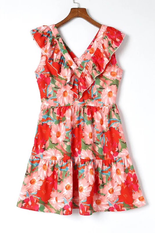 Floral Sleeveless V Neck Frill Mini Dress Fashionable Summer Mini Dress