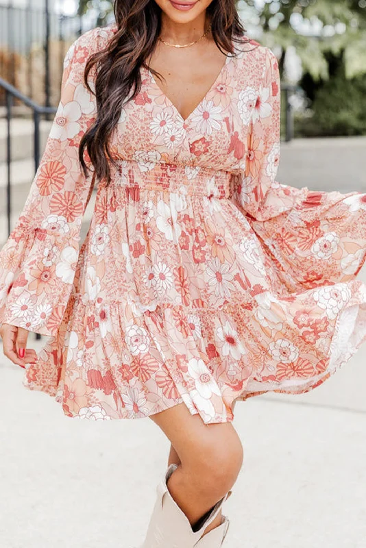 Floral Smocked High Waist Bell Sleeve Mini Dress Fashionable Off-Shoulder Mini Dress