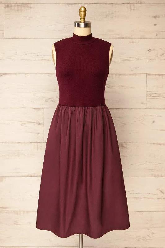 Frell Burgundy | Midi Dress w/ Mock Neck Cozy Midi Dress with Pockets