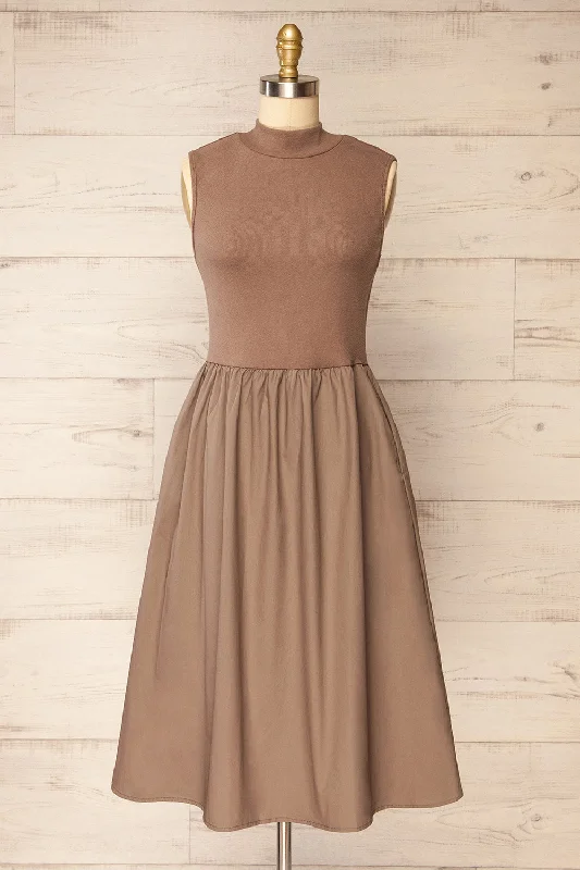 Frell Taupe | Midi Dress w/ Mock Neck Comfortable Adjustable Strap Midi Dress