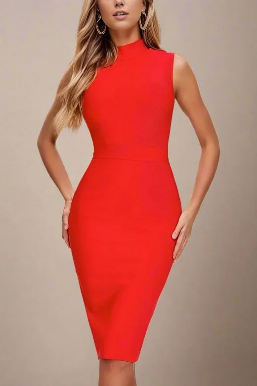 Grace Bandage Midi Dress - Lipstick Red Elegant V-Neck Midi Dress