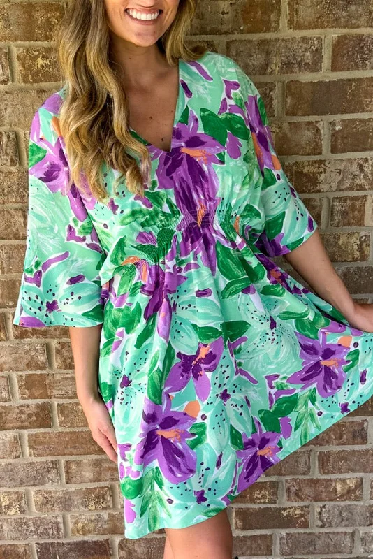 Green Boho Floral Half Sleeve V Neck Shirred Waist Mini Dress Comfortable Ruffle Mini Dress