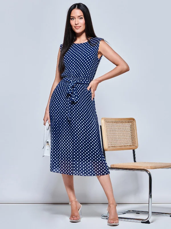 Hayes Pleated Chiffon Midi Dress, Navy Spot Comfortable Wrap Midi Dress