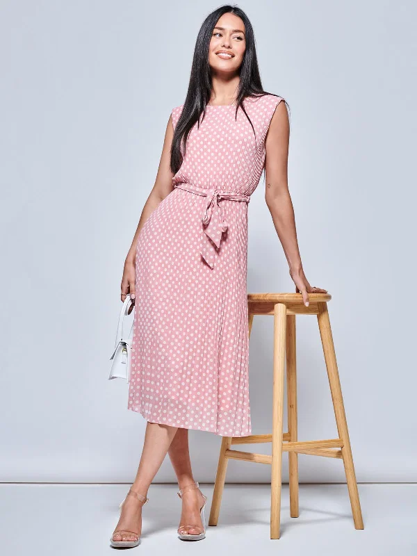 Hayes Pleated Chiffon Midi Dress, Pink Polka Trendy Tiered Hem Midi Dress