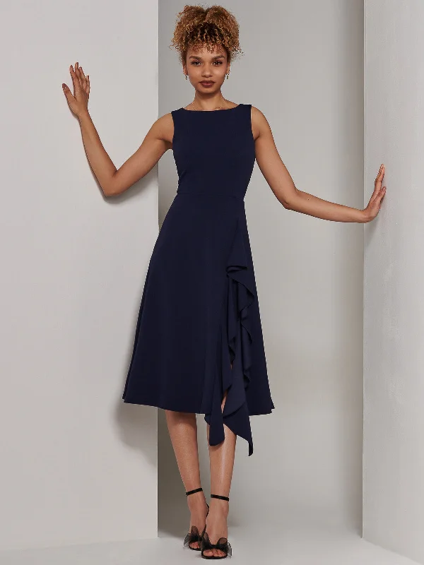 Haylen Frill Detail Midi Dress, Navy Stylish Off-Shoulder Ruffle Dress