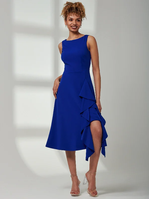 Haylen Frill Detail Midi Dress, Royal Blue Elegant Maxi-Midi Hybrid Dress