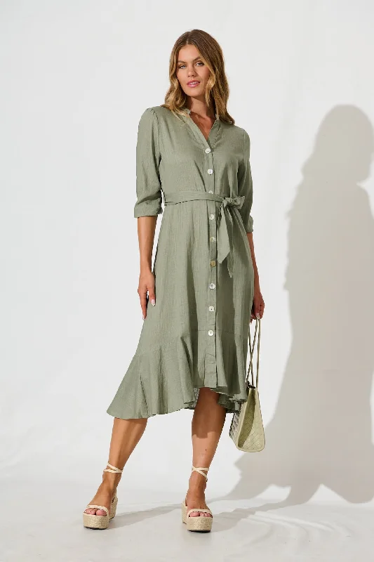 Heartland Midi Dress In Khaki Linen Blend Stylish Cold Shoulder Midi Dress