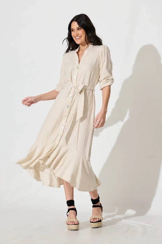 Heartland Midi Dress In Oatmeal Linen Blend Chic Bohemian Midi Dress