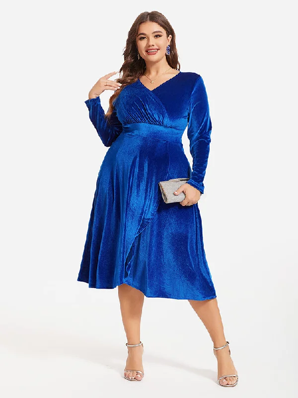 V-Neck Wrap Hem Velvet Midi Dress Elegant Floral Appliqué Midi Dress