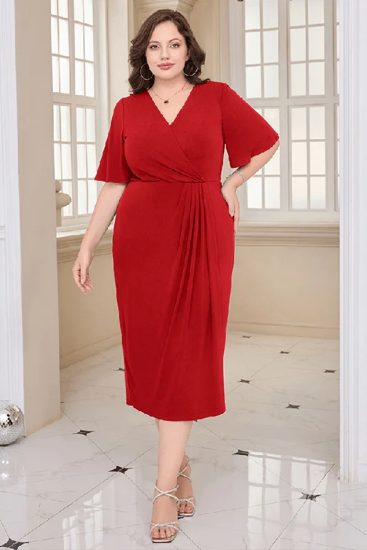 HN Wrap Casual Short Sleeve V-Neck Straight Midi Dress Trendy Ruffle Hem Midi Dress