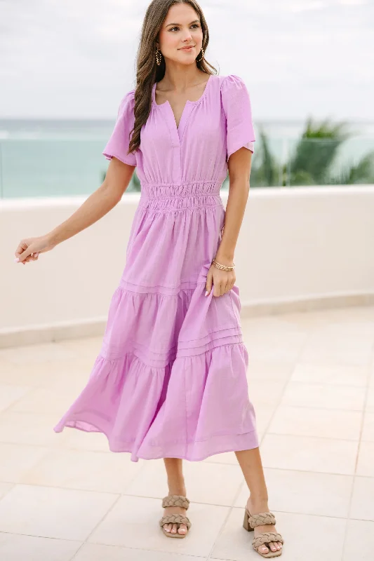 It's In The Air Lavender Purple Tiered Midi Dress Trendy Fit-and-Flare Midi Dress