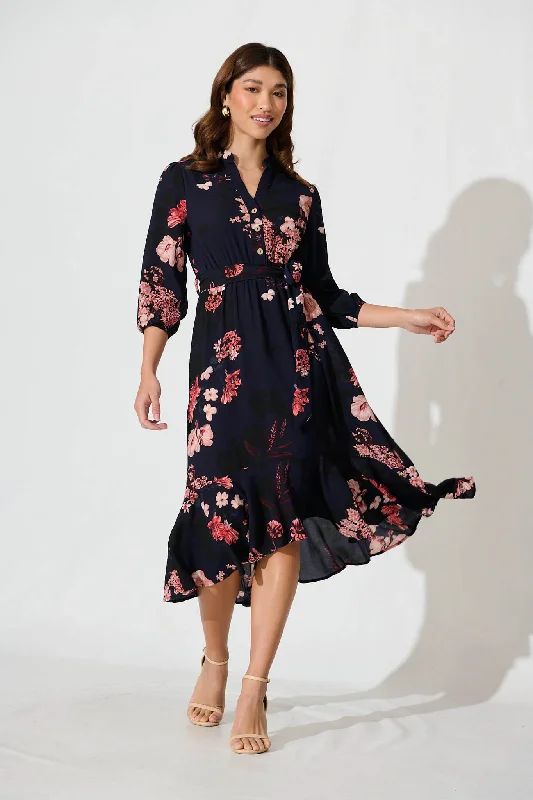 Jemimah Midi Dress In Navy With Pink And Blush Floral Fashionable Casual Midi Dress