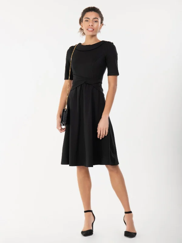 Jolie Moi Fold Over Fit and Flare Midi Dress, Black Trendy Square Neck Midi Dress