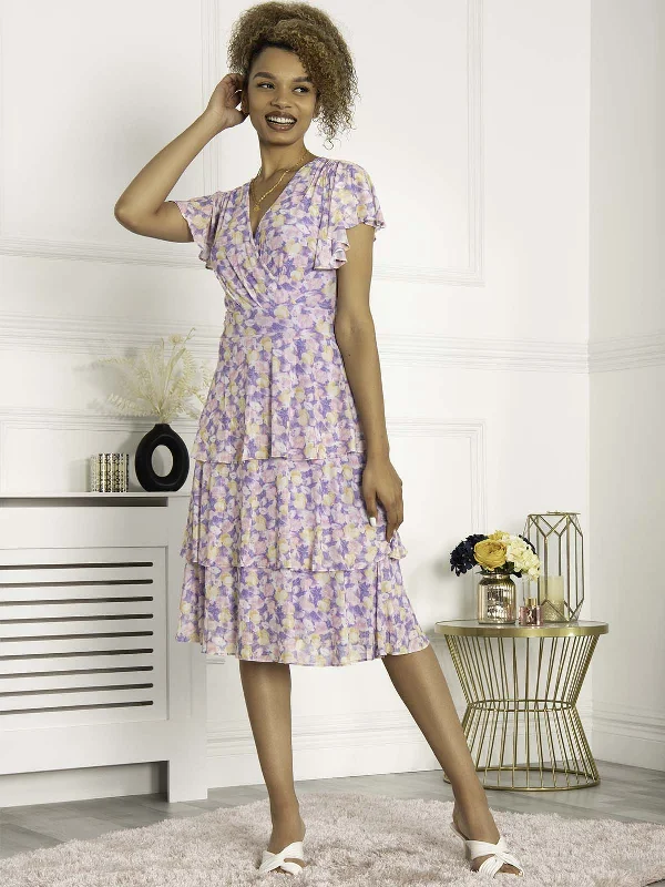 Jolie Moi Gabielle Tiered Midi Dress, Purple Floral Fashionable Casual Midi Dress