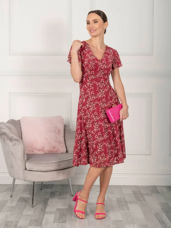 Jolie Moi Grace Mesh Midi Dress, Wine Floral Chic Bohemian Midi Dress