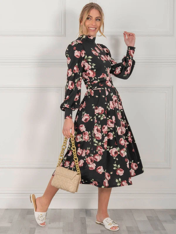 Jolie Moi Kathryn Long Sleeve Midi Dress, Black Floral Fashionable Sheer Sleeve Midi Dress