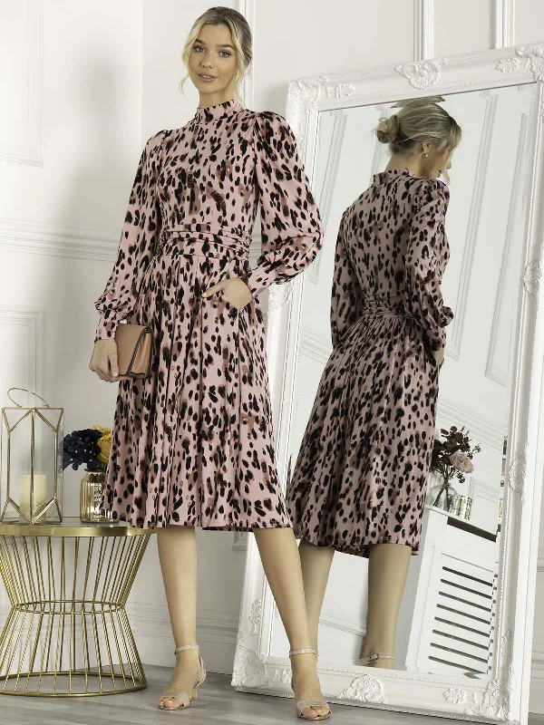 Jolie Moi Kathryn Long Sleeve Midi Dress, Pink Abstract Stylish Tiered Midi Dress