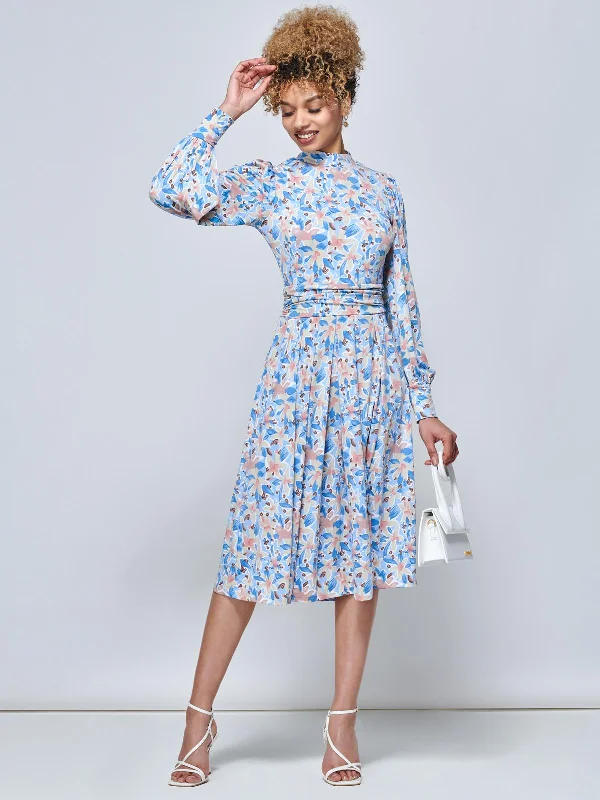 Jolie Moi Vesper Long Sleeve Midi Dress, Blue Floral Elegant Puff Sleeve Midi Dress