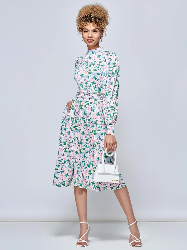 Jolie Moi Vesper Long Sleeve Midi Dress, Pink Floral Fashionable Plaid Midi Dress