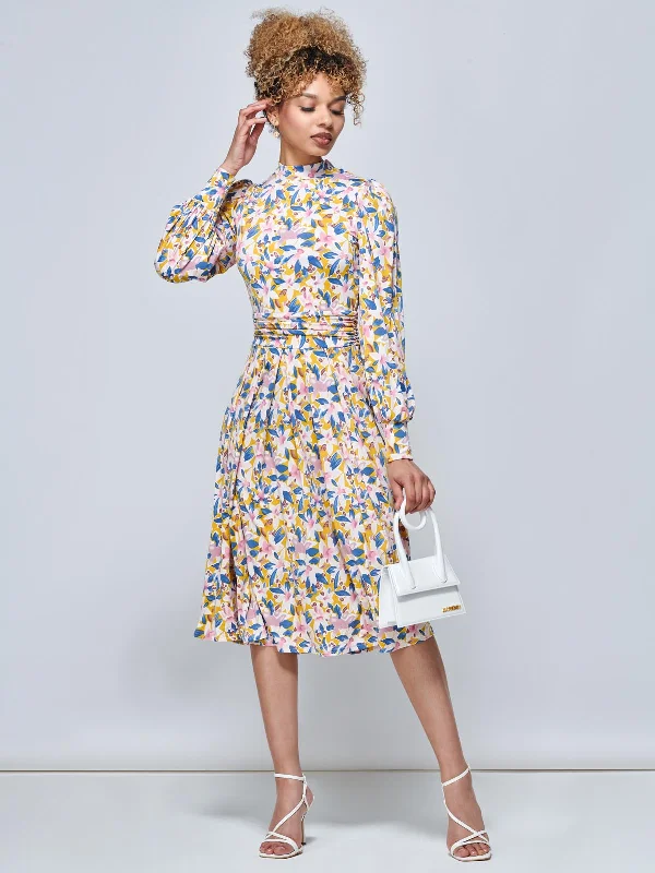 Jolie Moi Vesper Long Sleeve Midi Dress, Yellow Floral Fashionable Off-Shoulder Dress Midi