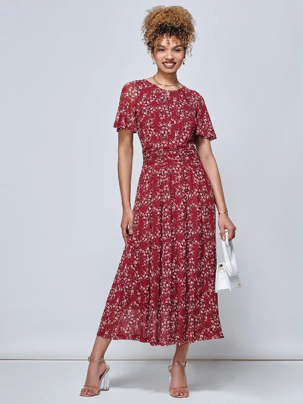 Julita Floral Mesh Midi Dress, Wine Floral Comfortable Floral Print Midi Dress