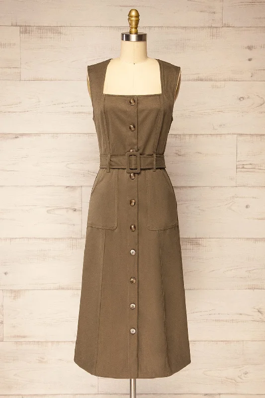 Kalias | Khaki Midi Dress w/ Belt Stylish Button-Up Midi Dress