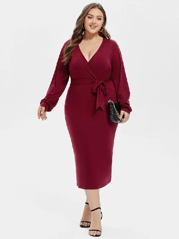 V-Neck Lantern Sleeve Belted Wrap Midi Dress Stylish Animal Print Midi Dress