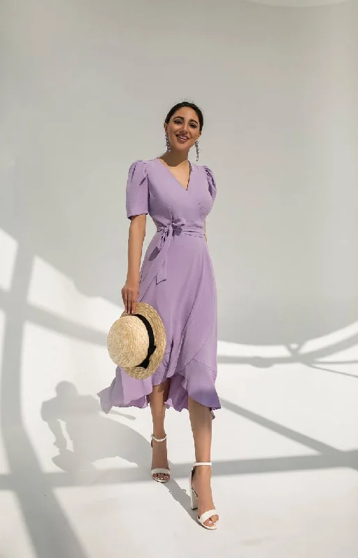 Lavender Wrap Short Sleeve Midi Dress Fashionable High-Low Midi Dress