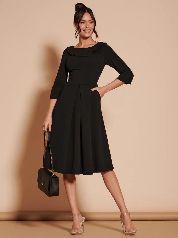 3/4 Sleeve Fold Neck Midi Dress, Black Comfortable Denim Midi Dress