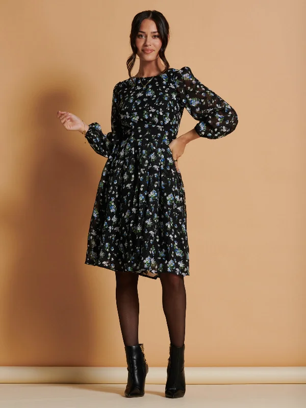 Long Sleeve Chiffon Midi Dress, Black Floral Trendy Mock Neck Midi Dress