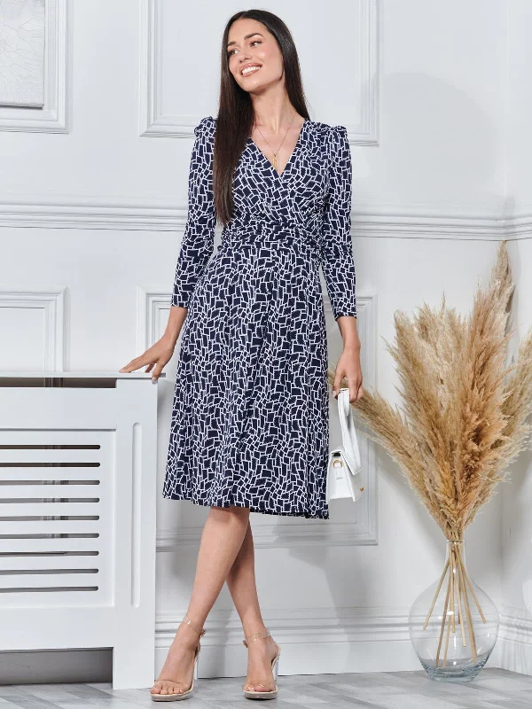 Long Sleeve Jersey Midi Dress, Navy Geo Stylish Silk Midi Dress