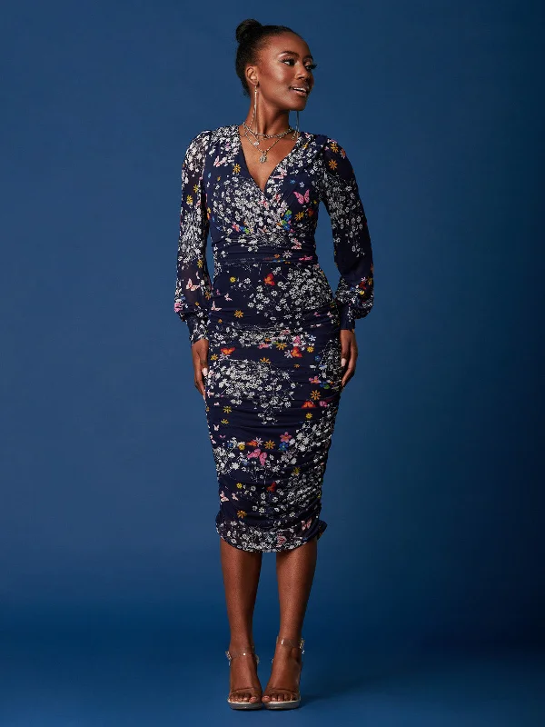 Long Sleeve Ruched Mesh Midi Dress, Navy Floral Stylish Silk Midi Dress