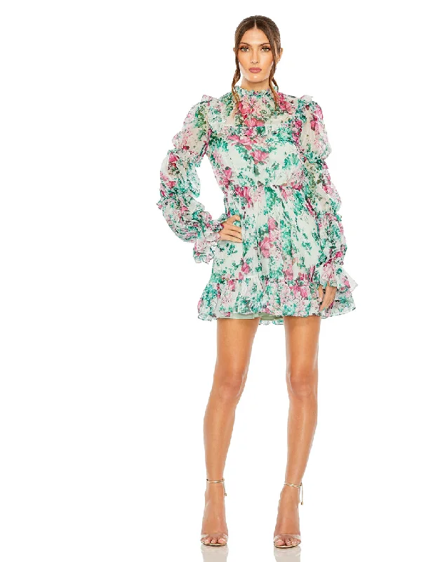 Mac Duggal 56008 Floral Long Sleeve Cocktail Mini Dress Elegant Floral-Print Mini Dress