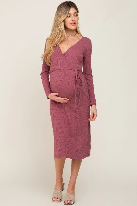 Mauve Rib Knit Long Sleeve Maternity Wrap Midi Dress Elegant Pleated Detail Midi Dress